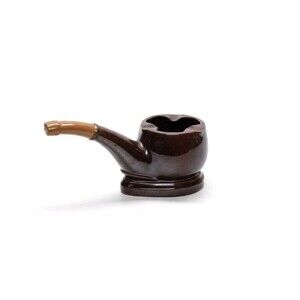 Vintage Pipe Shaped Ashtray Brown Glazed Ceramic Tobacco Smoking Man Cave Decor